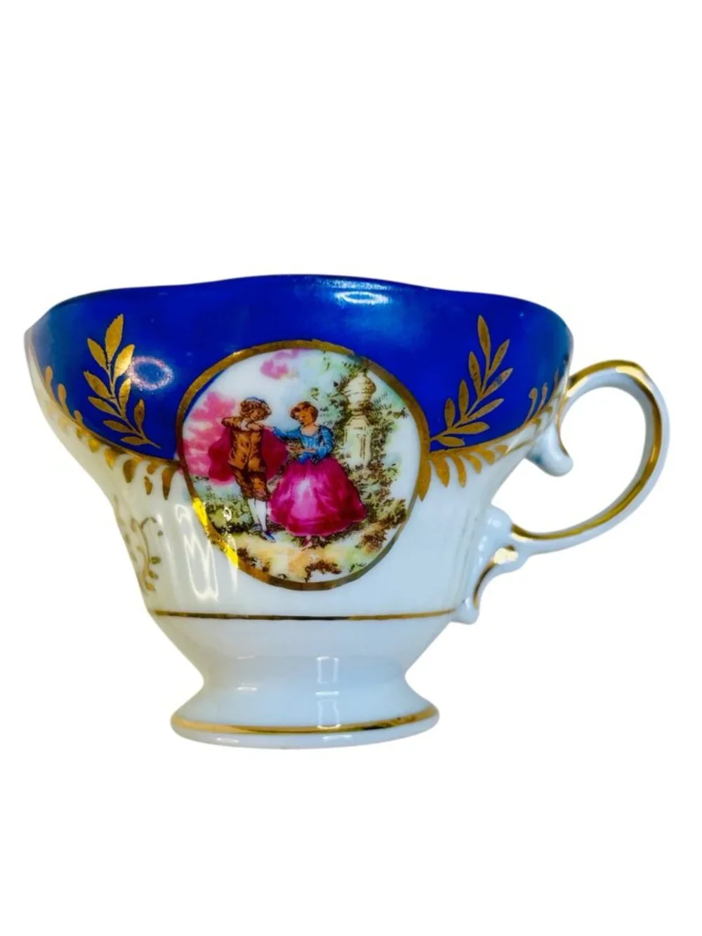 Vintage Cobalt Blue and Gold Teacup Saucer Set Courting Couple Fragonard Style